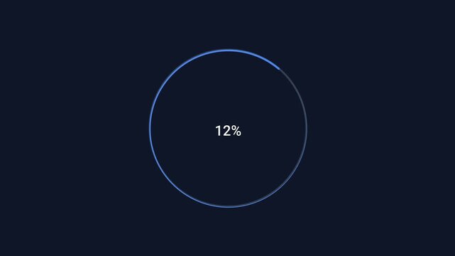 Animated flat vector motion graphic featuring a circular percentage progress indicator displaying 12 percent on a dark background. Ideal for loading screens, dashboards, user interfaces, and technolog