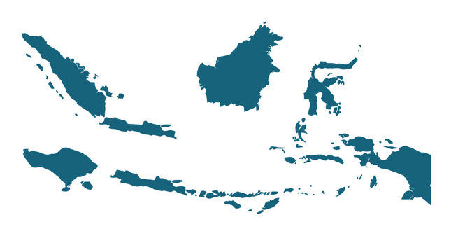 Detailed blue silhouette map of the Indonesian archipelago islands on white background.