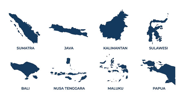Set of map silhouettes of major islands of Indonesia including Sumatra, Java, Kalimantan, Sulawesi, Bali, Nusa Tenggara, Maluku and Papua