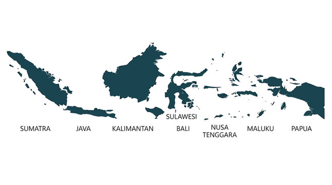 Detailed Silhouette Map of Indonesia Archipelago featuring Major Island Names