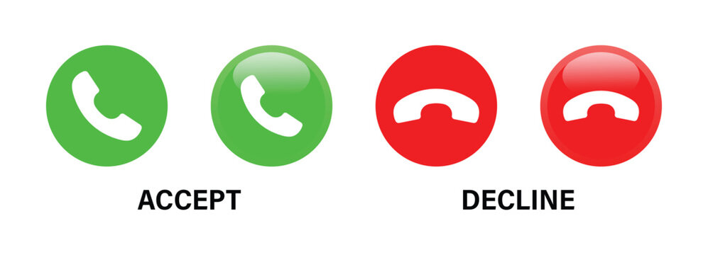 Phone Call Icons. Accept or Decline Incoming Call Buttons. Call accept and decline icon set with green and red buttons featuring phone symbols. Contact us telephone sign and communication symbols.