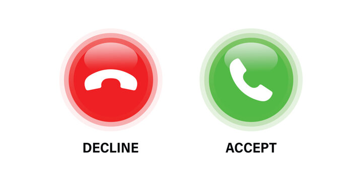 Phone Call Icons. Accept or Decline Incoming Call Buttons. Call accept and decline icon set with green and red buttons featuring phone symbols. Contact us telephone sign and communication symbols.