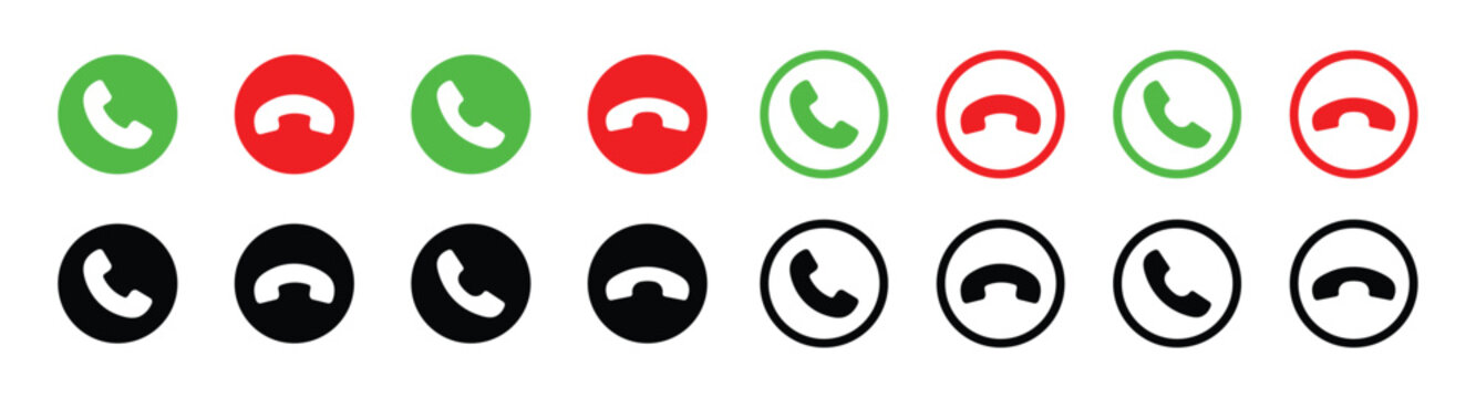 Phone Call Icons. Accept or Decline Incoming Call Buttons. Call accept and decline icon set with green and red buttons featuring phone symbols. Contact us telephone sign and communication symbols.