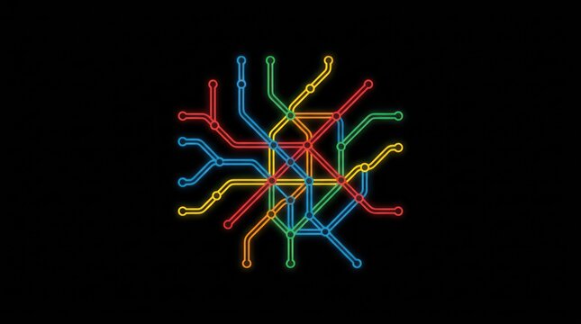 Radial transit network lines spreading out from center forming intricate urban grid system.