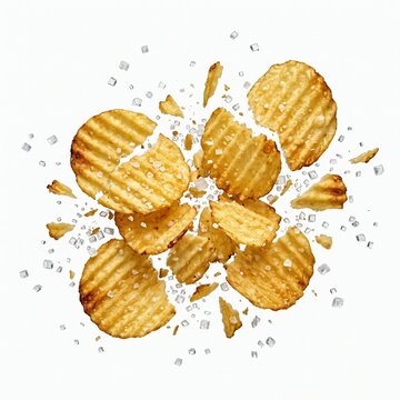 Potato chips exploding in mid-air, seasoned with salt. 