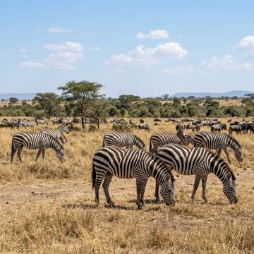 Herd of Zebras and Wildebeests Grazing in the African Savanna Plains of Serengeti National Park