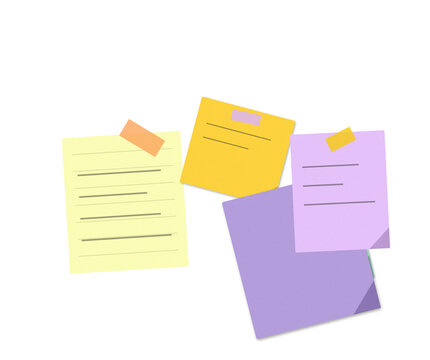 Colorful sticky notes with handwritten text and tape on the wall isolated on transparent background