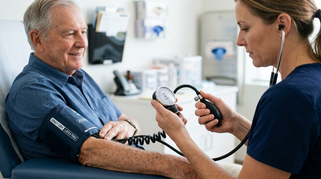 Male patient getting blood pressure measured by nurse in clinic