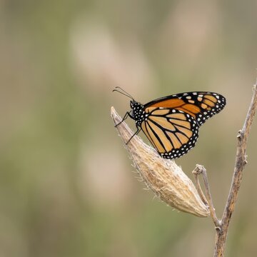 Monarch Butterfly Perched on a Dried Milkweed Seed Pod Against a Soft Blurred Natural Background