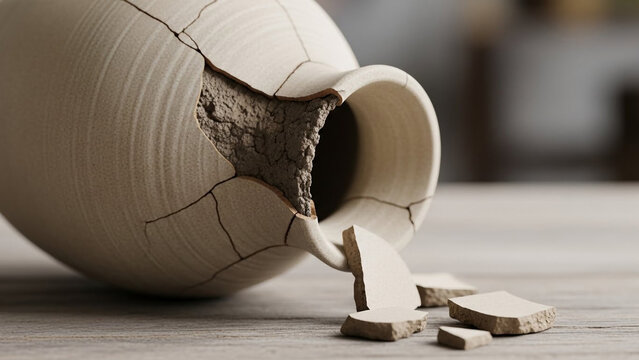 Broken beige ceramic vase lies on its side with fragments scattered around on a wooden surface