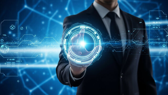 Businessman touching futuristic glowing digital interface with data streams and circuit board background, technology concept