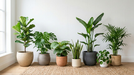 Fototapeta premium Home Plants Collection: Fiddle Leaf Fig, Monstera, Snake Plant, Palm