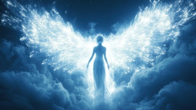 Radiant angel figure with luminous wings above clouds