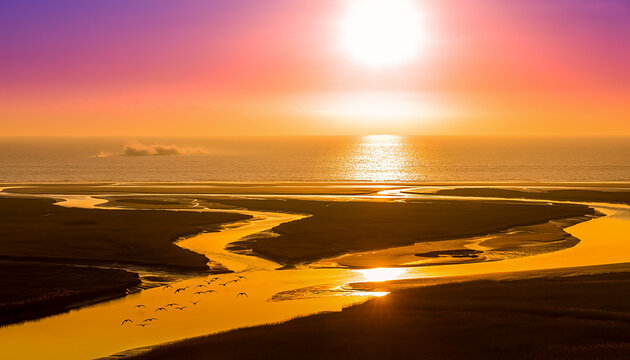 Sunset over River Estuary with Flying Birds Generative AI
