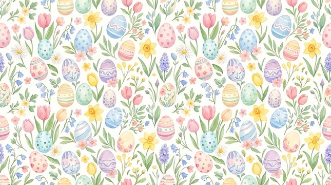 Seamless watercolor pattern with easter eggs and spring flowers