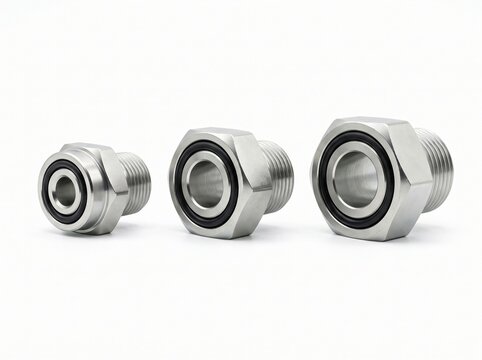 Three metal pipe fittings of different sizes, showcasing their threaded ends and sealing rings. 