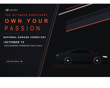 Banner or Poster for Promotional advertisement for garage ownership showcasing the ultimate sanctuary for car enthusiasts passionate about finding their personal space for vehicle storage and care