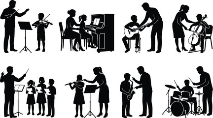Black silhouette collection of music teachers instructing children on various musical instruments and choir singing © MDKhademul