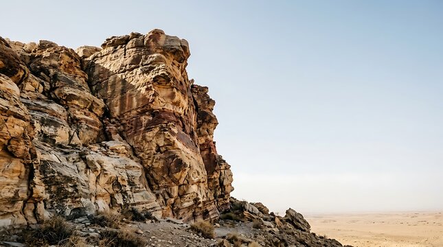 Rugged desert rock formation under a clear blue sky