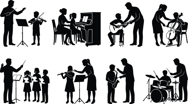Black silhouette collection of music teachers instructing children on various musical instruments and choir singing