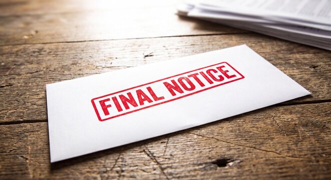 White envelope stamped with final notice text resting upon a weathered dark wooden surface with envelope with envelope