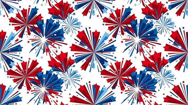 Red white and blue starburst fireworks seamless pattern
