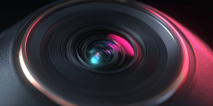Close up of camera lens with multiple layers and colorful reflections on dark background