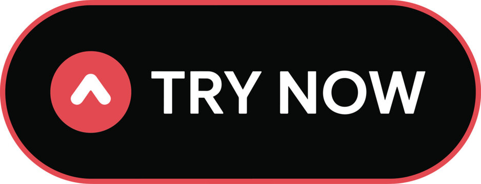 Rounded black rectangular button with a red border containing the white text try now and a white upward arrow on a white background.