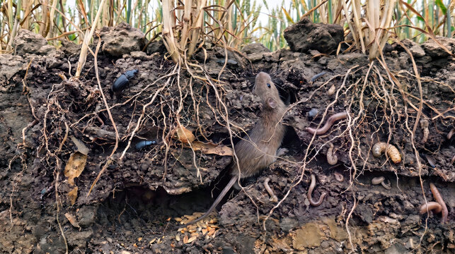 Detailed cross-section view of a wild grey rat in field soil with roots and grain