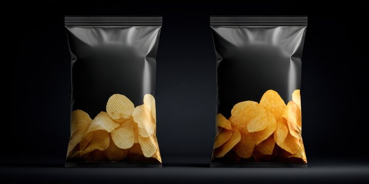 Two bags of potato chips with blank black packaging on a dark background