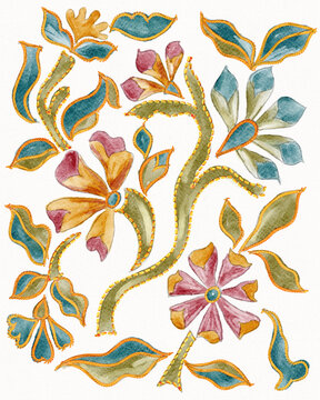 Handmade watercolor style floral composition illustration featuring Ajrakh inspired stitched floral motifs and traditional block print elements on white background