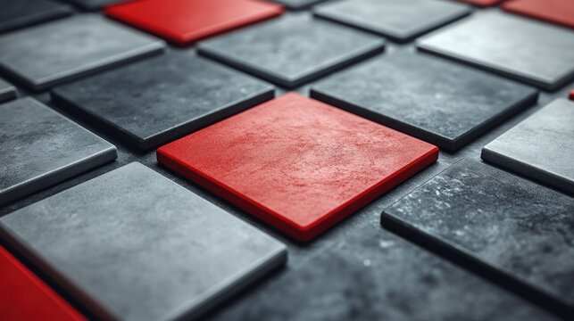 Red square tile pattern on a gray stone surface