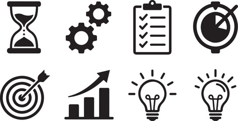 Naklejka premium Set of eight black flat design icons for business and productivity Vector