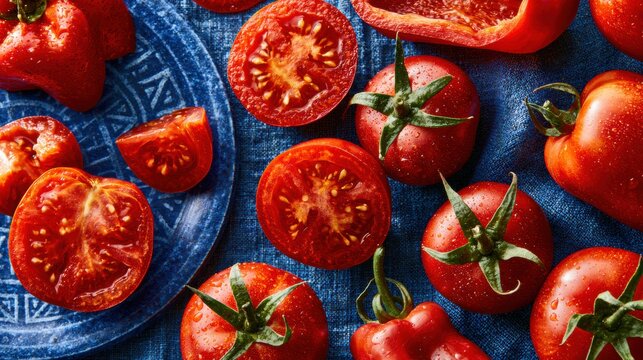 Red foods including various tomatoes are arranged on blue cloth to highlight their nutritional value related to prostate health in a studio setting
