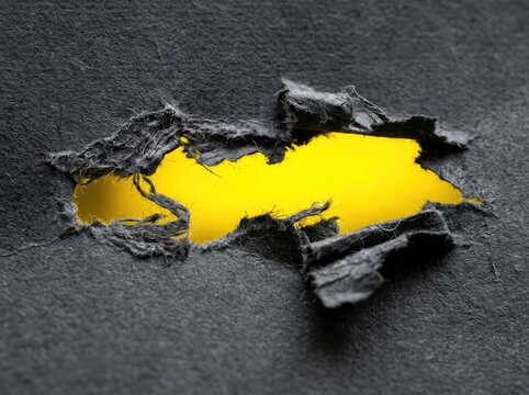 Torn black fabric, revealing bright yellow, concept of breakthrough and discovery, showing hidden potential and new beginnings.