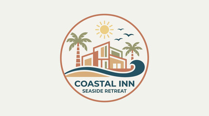 Naklejka premium Coastal Inn Seaside Retreat Logo Design with Palm Trees and Ocean Waves.
