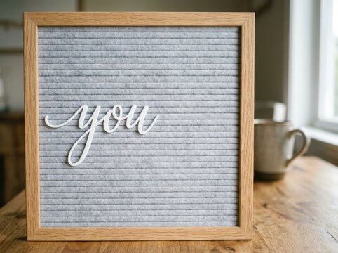 Felt letter board with "you" in script, representing personal connection or self-affirmation, with mug and window background.