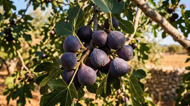 Ripe purple figs hanging on a tree branch in a sunny orchard