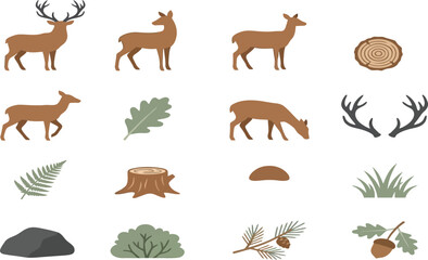 Fototapeta premium Set of flat vector illustrations depicting various deer species and forest elements like oak leaves, acorns, and shrubs, in a minimalist style.