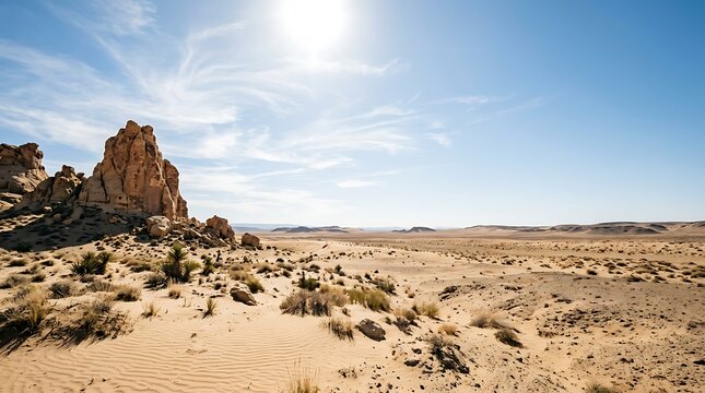 Sunny desert landscape with sandstone rock formations and blue sky