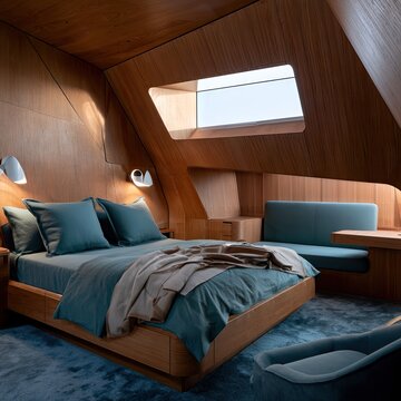 Modern curved wood loft with designer bed set.