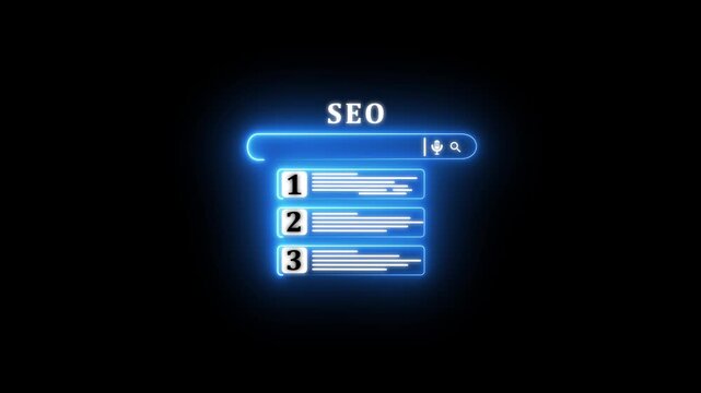 SEO ranking search results on GLOWING NEON with digital interface.4k video motion graphics ..