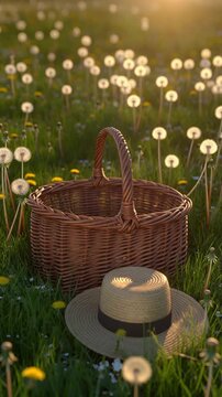 Picnic Basket and Straw Hat in a Sunny Dandelion Field Generative AI