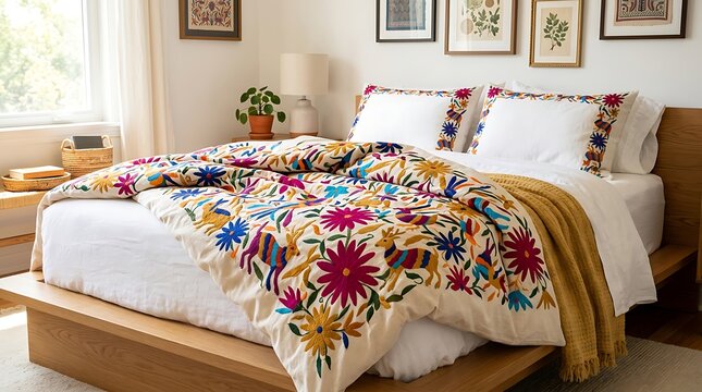 Cozy bedroom with vibrant mexican style embroidered bedding