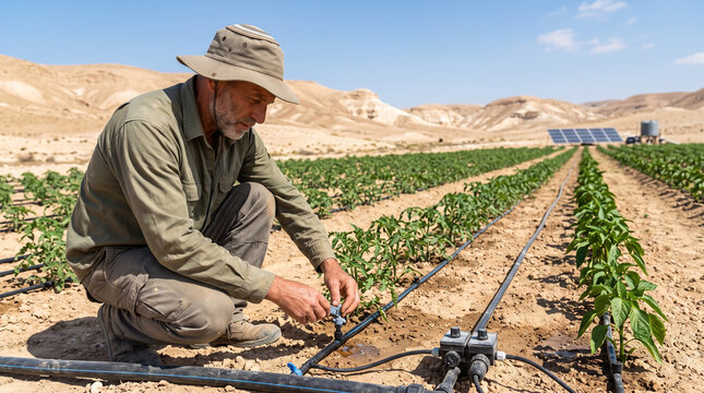 Farmer Adjusting Drip Irrigation System in an Arid Desert Field