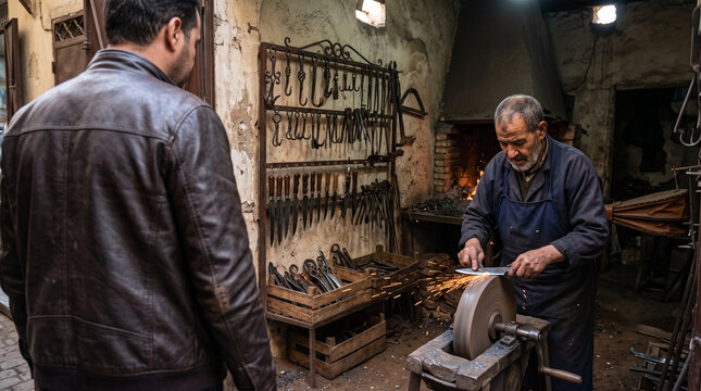 Moroccan Blacksmith Sharpening a Knife in a Traditional Workshop