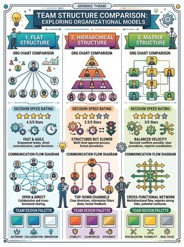Team structure comparison showing flat hierarchical and matrix models