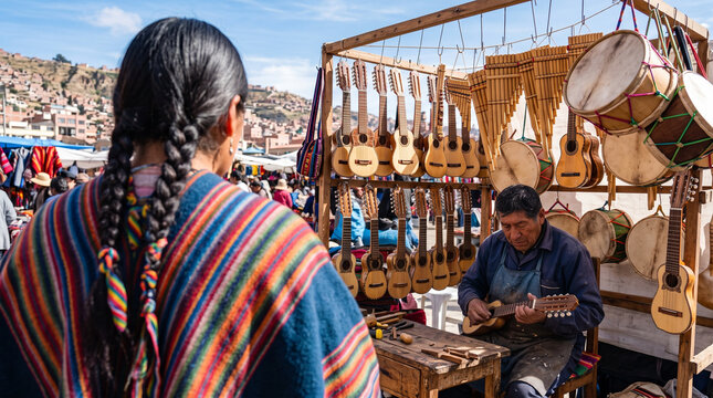 Artisan Crafting Traditional String Instruments at a Bolivian Market