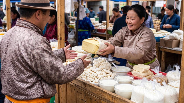 Vendor Selling Traditional Dairy Products at a Mongolian Market