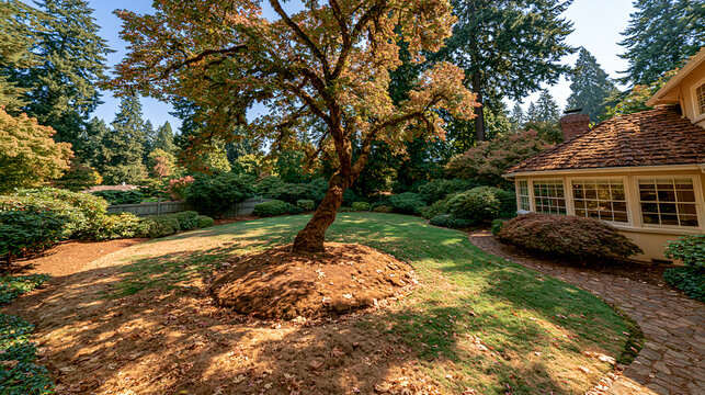 Lush garden landscape with central decorative tree surrounded by bark mulch